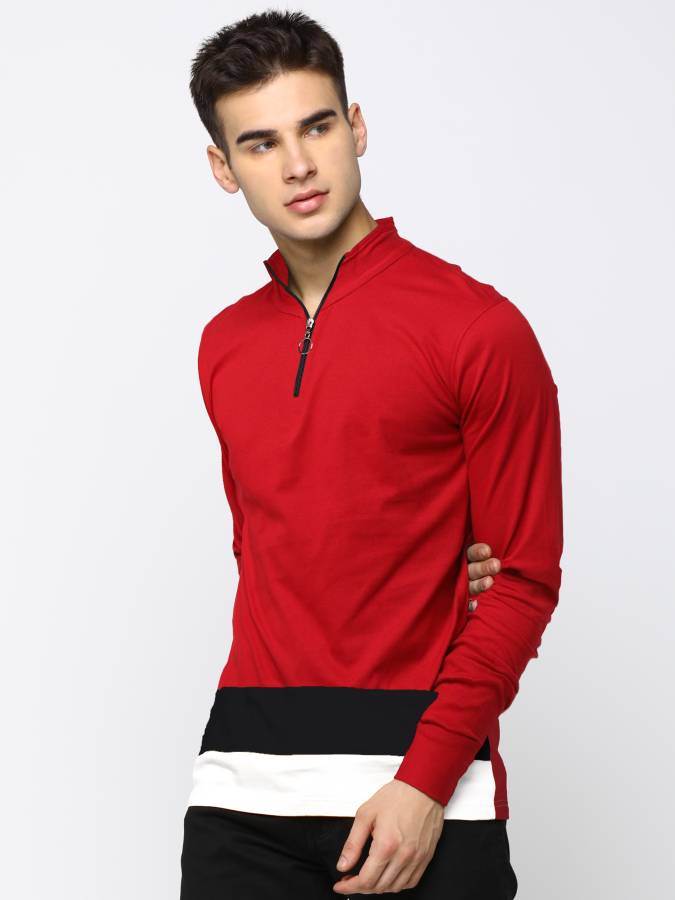 Color Block Men Turtle Neck Red T-Shirt Price in India