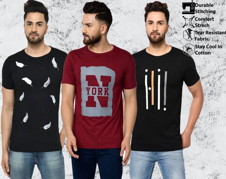 Printed Men Round Neck Maroon, Black T-Shirt Price in India