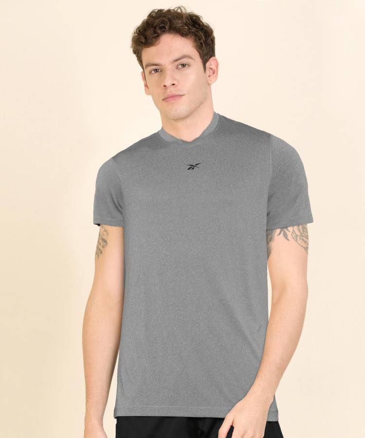 Solid Men Round Neck Grey T-Shirt Price in India