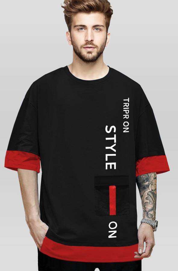 Color Block Men Round Neck Black, Red T-Shirt