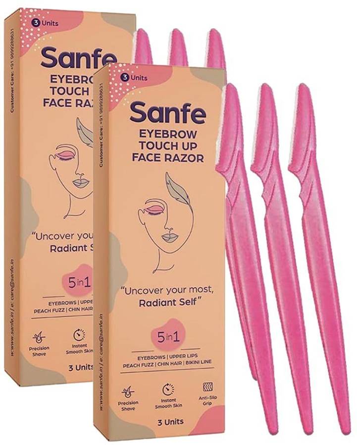 Sanfe Eyebrow touch up Hair Removing Face Razor for women - Pack of 6| Reusable | Instant & Painless Hair Removal |Suitable for Eyebrow, Upper lip, Chin | Peach Fuzz | Stainless Steel Blade & Firm Grip