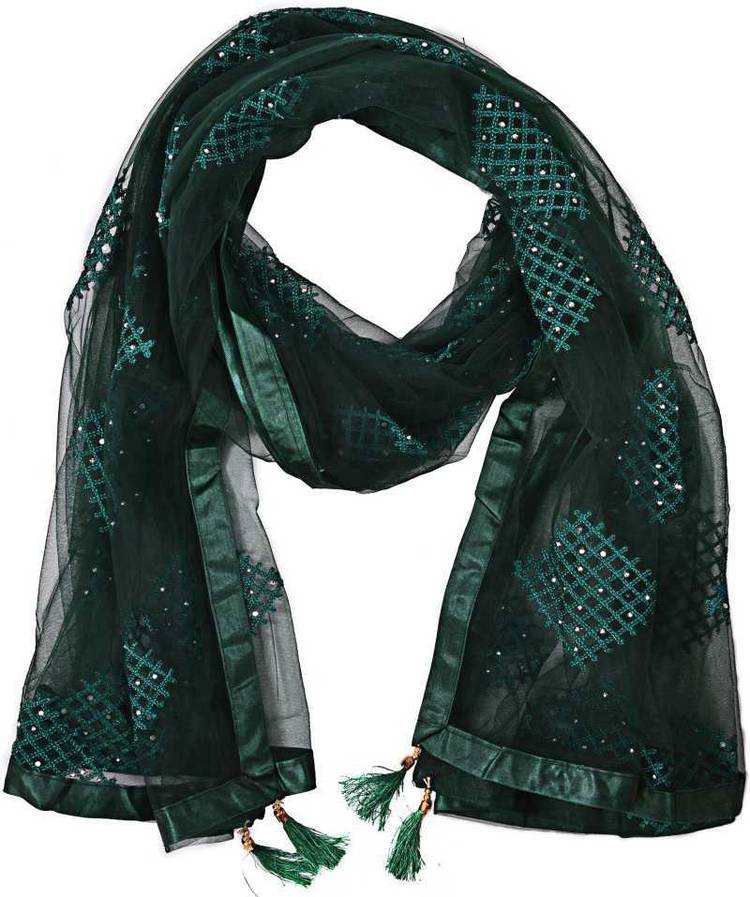 Net Self Design Green Women Dupatta