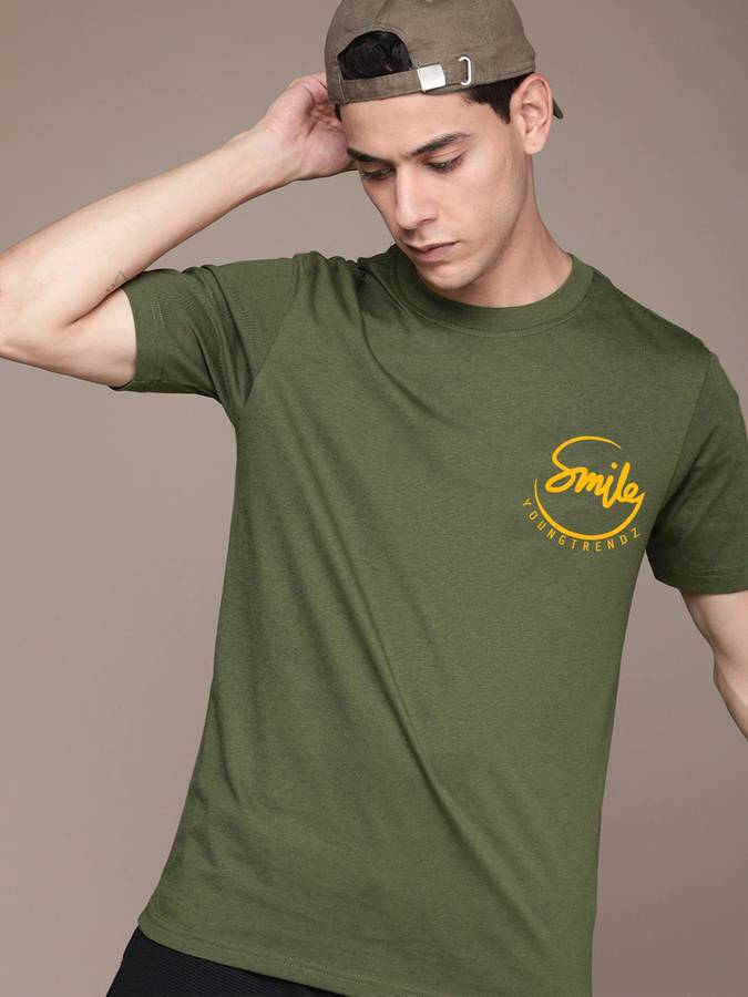 Typography Men Round Neck Dark Green T-Shirt
