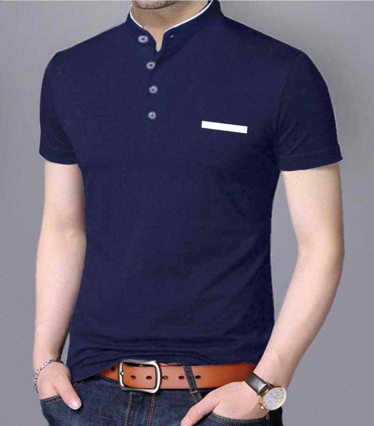 Color Block Men Mandarin Collar Blue T-Shirt