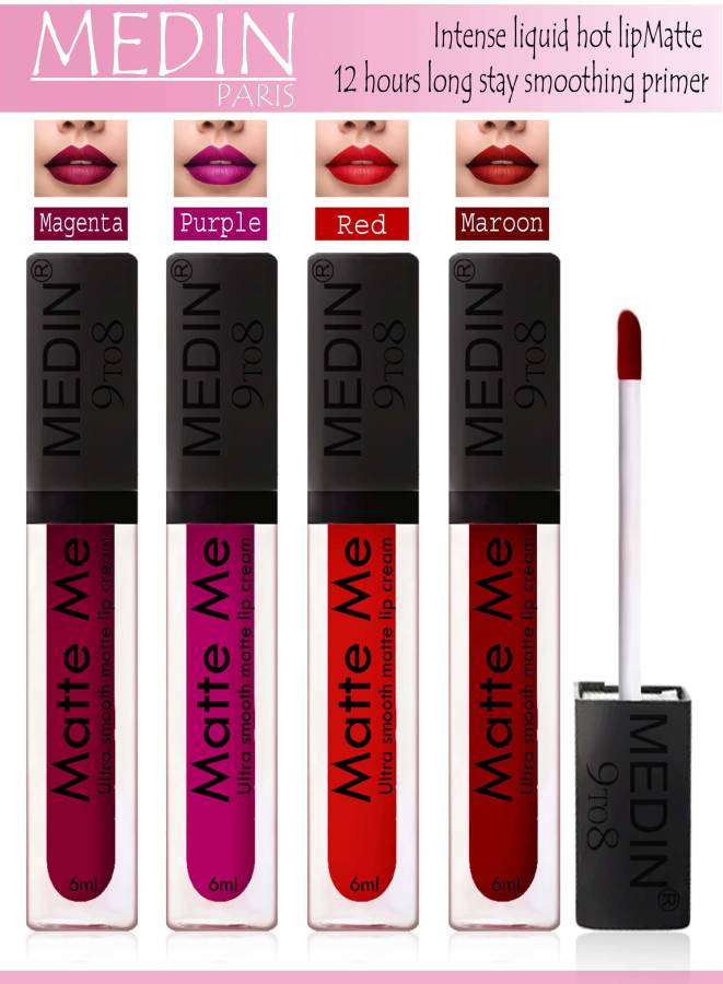 MEDIN Hot LIp... Forever Matte liquid Lipstick Cosmetics Makeup combo set of 4 Price in India