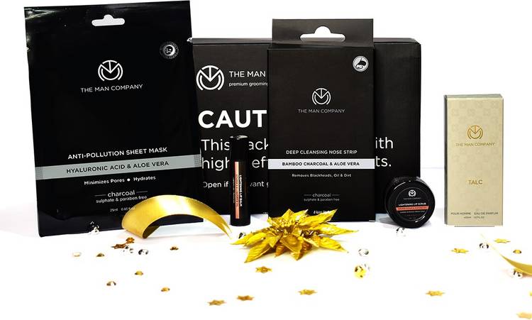THE MAN COMPANY "Party Glow Facial Kit for Men with Lip Lightening Balm, Lip Scrub, Nose Strip, Charcoal Sheet Mask & Talc Perfume | Blackheads Removal | All Skin Types "