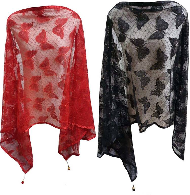 Net Embroidered Black, Red Women Dupatta