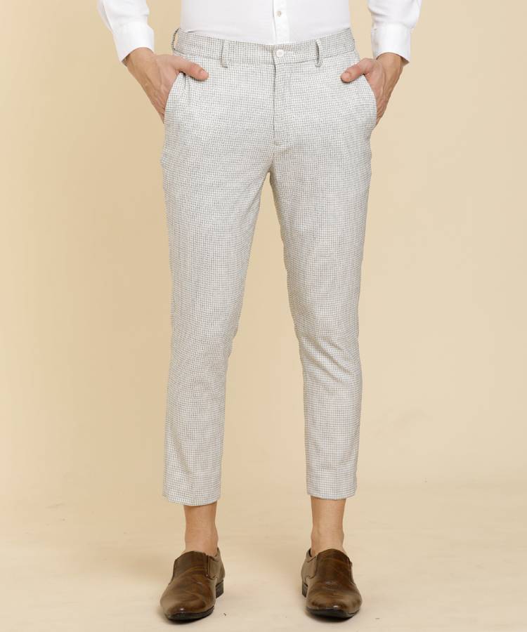 Regular Fit Men Grey, White Polyester Viscose Blend Trousers