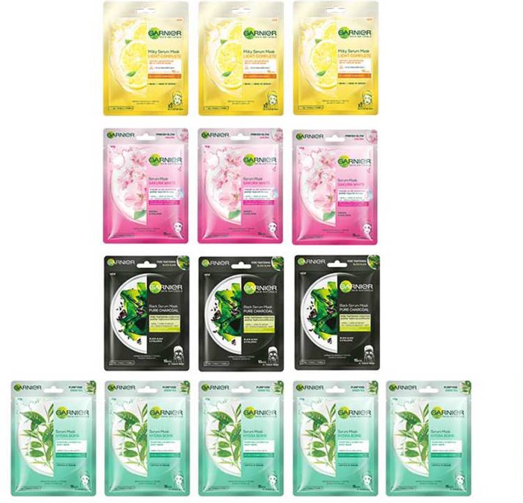 GARNIER Face Sheet Masks, 14pcs | Sheet Masks For Glowing Skin | Green Tea, Sakura, Light Complete and Charcoal Face Masks Combo | Discovery Collection Pack | Festive Pack | Gift Box (Pack of 14 Sheet Mask) Price in India
