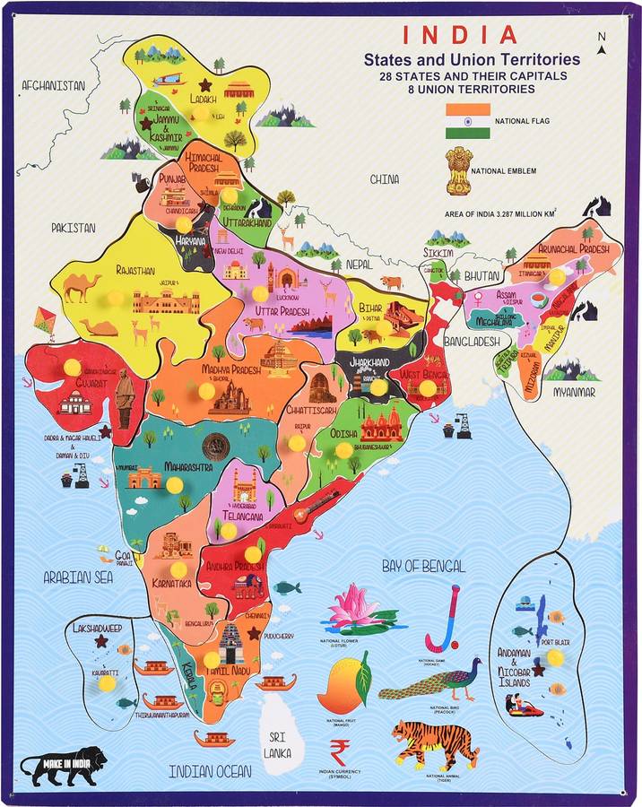 DgCrayons Wooden Large Geographical India Map Jigsaw Puzzle with Knobs for Knowledge & Educational Aids, Board Game Best Gift for Kids and Home Office Decor