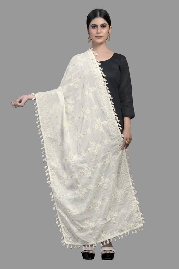 Art Silk Embellished White Women Dupatta