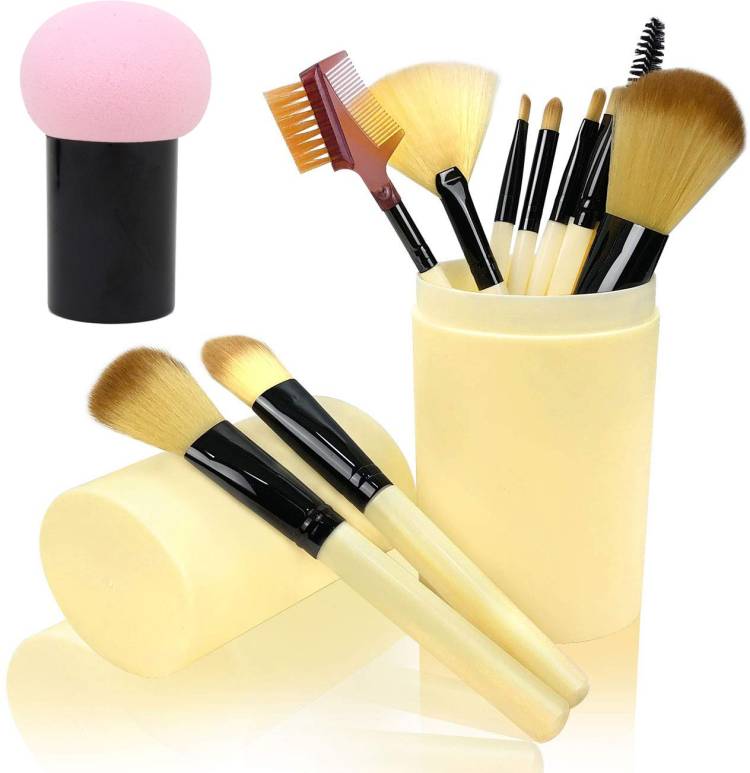 ROXER 12pcs Makeup Eyeshadow Brush Foundation Lips Eyebrows Face Cosmetic Brush Makeup Brushes Tool with Case Holder Kit 1 Mushroom Beauty Blender Pink Color Price in India