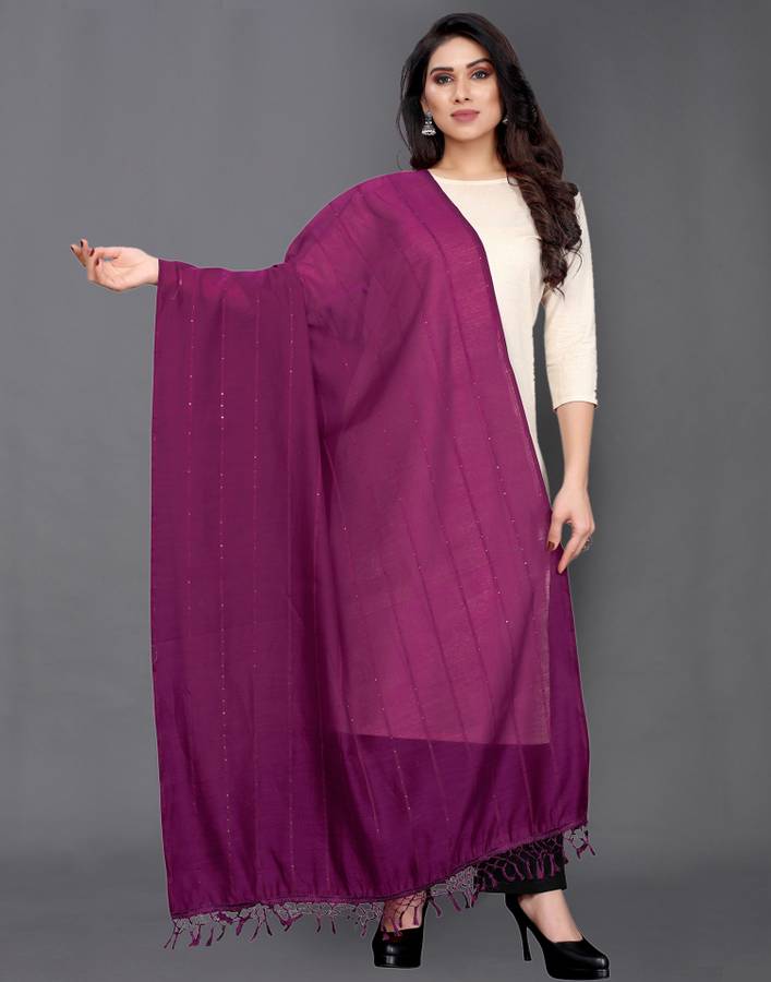 Polycotton, Cotton Silk Woven, Striped, Embellished Purple Women Dupatta