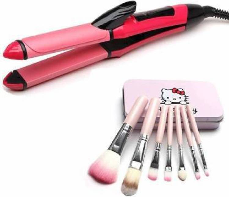 PL SKY 2 in 1 Hair Beauty Set | Electric and Professional Hair Curler And Hair Straightener (Multi-Colour)& Hello Kitty Makeup Brush Set 7Pc 2009 Hair Straightener Price in India
