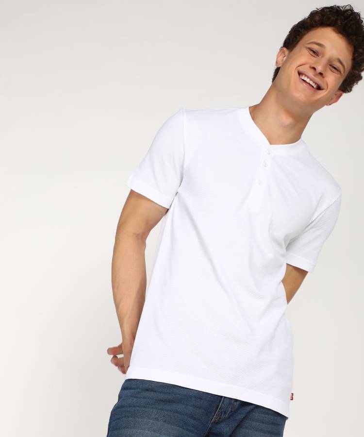 Solid Men Henley Neck White T-Shirt Price in India