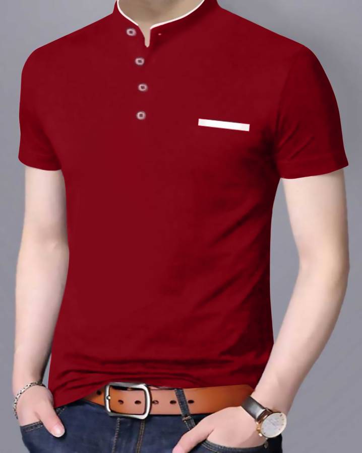 Color Block Men Mandarin Collar Maroon T-Shirt Price in India
