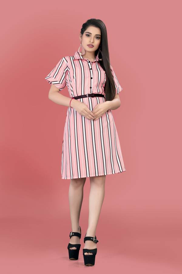 Women A-line Pink, White Dress