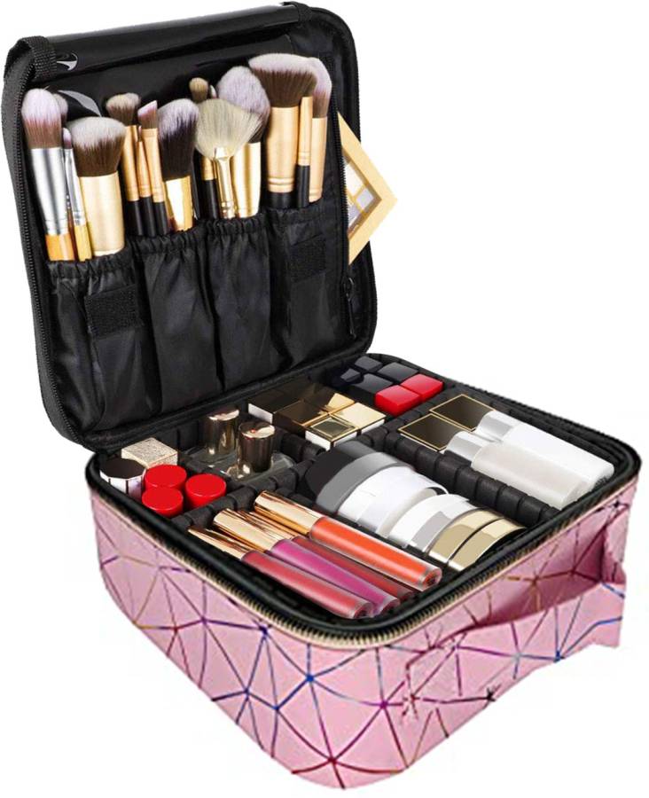 HOUSE OF QUIRK Makeup Cosmetic Storage Case with Adjustable Compartment - Pink Diamond Makeup Vanity Box Price in India