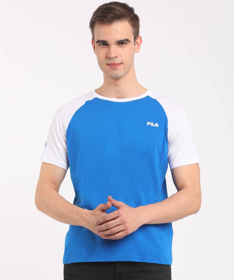 Color Block Men Round Neck Blue, White T-Shirt Price in India