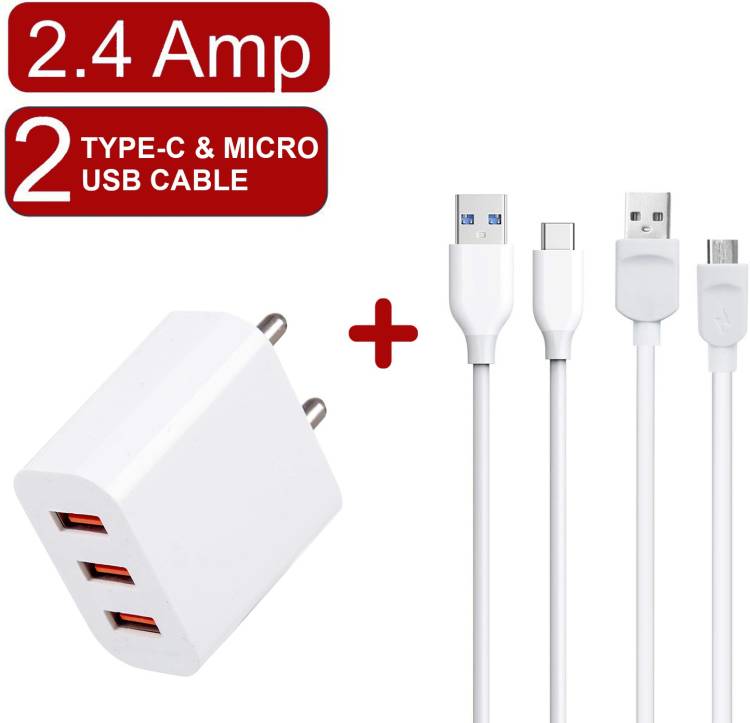 Expode 2.4 amp 3 USB Multiple Charger Triple Port Adapter for Android Phones with 1 Type-C & Micro USB Cable Included 2.4 A Multiport Mobile Charger