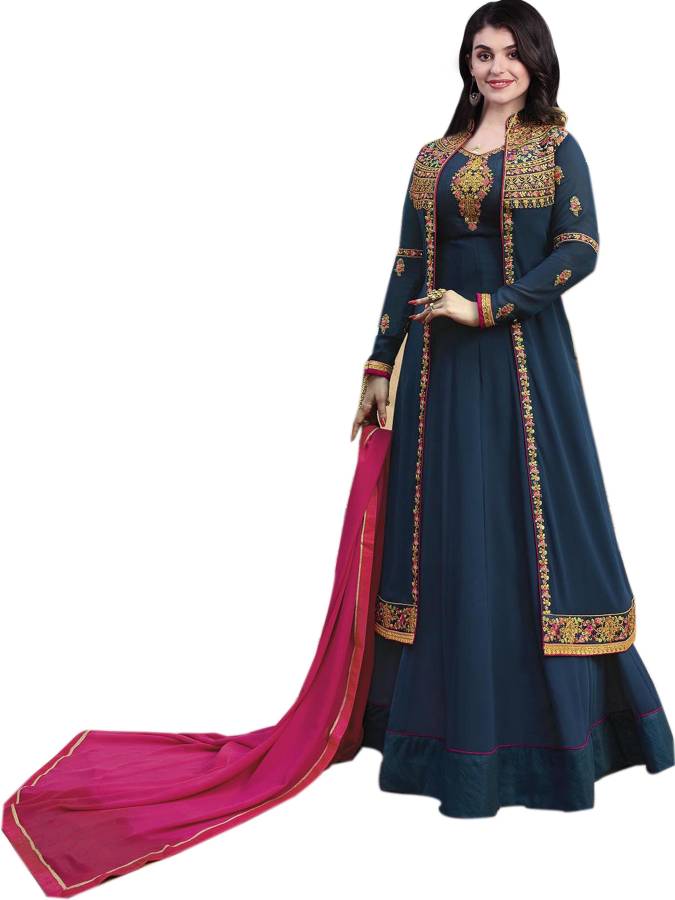 Faux Georgette Embroidered Gown/Anarkali Kurta & Bottom Material Price in India
