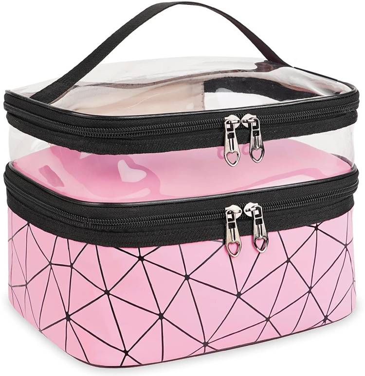 TradeVast Makeup Bags Double Layer Travel Cosmetic Cases Make up Organizer Toiletry Bags-Pink Makeup Vanity Box Price in India