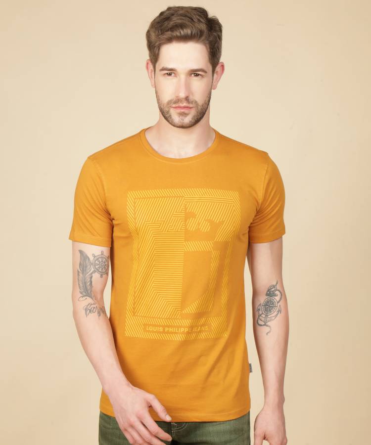 Printed Men Round Neck Yellow T-Shirt Price in India