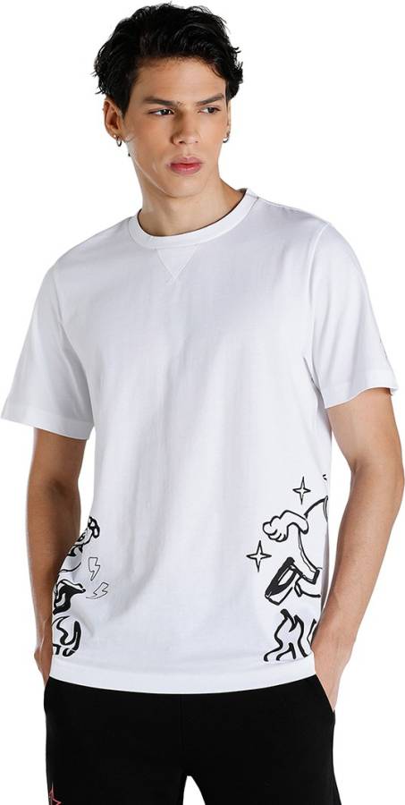 Printed Men Round Neck White T-Shirt Price in India