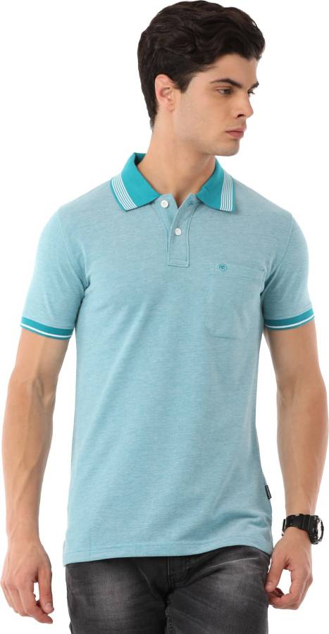 Solid Men Polo Neck Blue T-Shirt Price in India