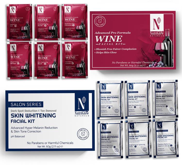 NutriGlow NATURAL'S Advance Pro Formula Wine & Skin Whitening Facial Kit For Dark Spot Reduction & Tan Removal pH Balance - (60gm Each) Price in India