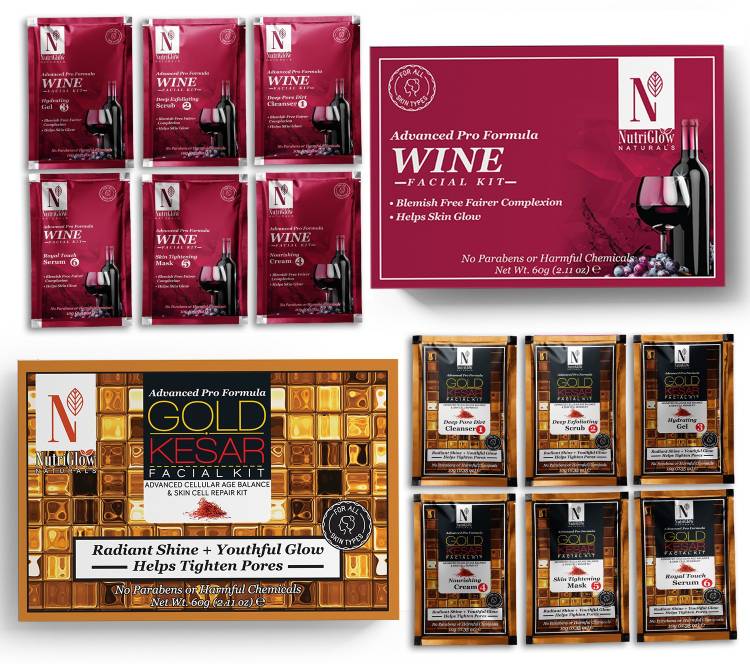 NutriGlow NATURAL'S Advance Pro Formula Wine & Gold Kesar Facial Kit For Radiance Shine, Youthfull Glow & Skin Cell Repair Kit - (60gm Each) Price in India