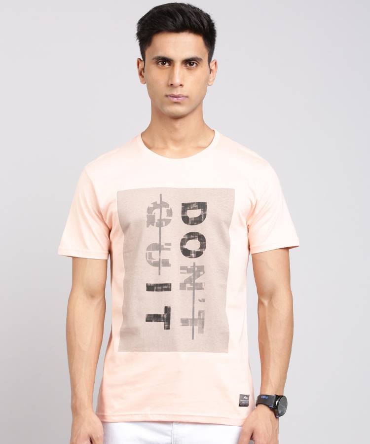 Printed Men Round Neck Orange T-Shirt Price in India