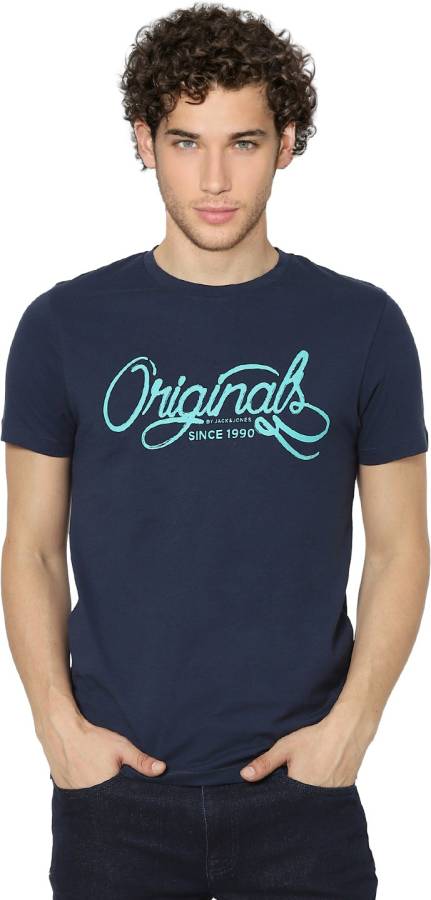 Printed Men Round Neck Blue T-Shirt Price in India