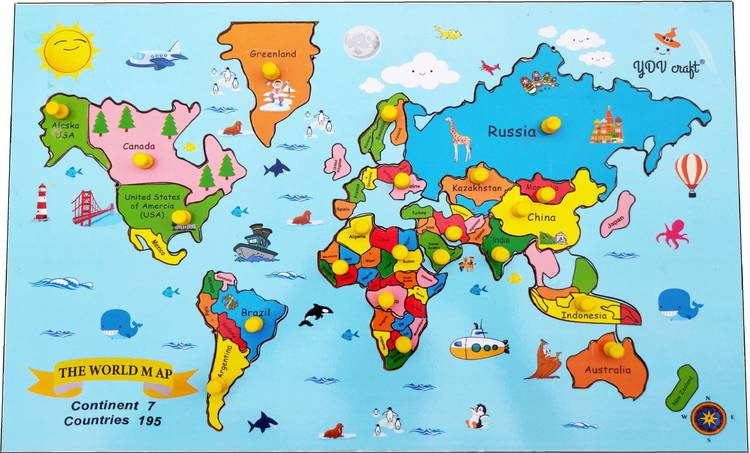 YDV CRAFT Wooden World MAP Puzzle with KNOB Backside Printed Continent Facts Kids Theme Wall Size Jigsaw Floor Puzzle for Boys, Girls 25 Pieces for 3 yrs to 10 Years Multi Color