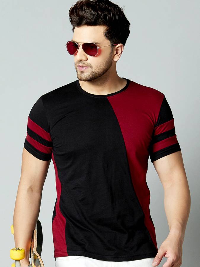 Color Block Men Round Neck Maroon, Black T-Shirt Price in India