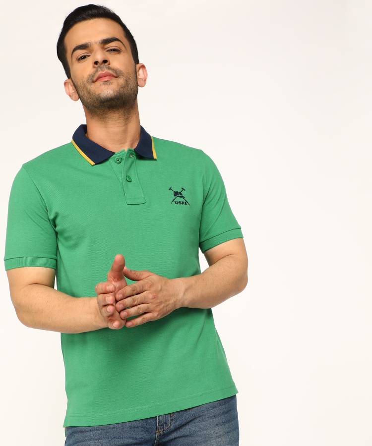 Solid Men Polo Neck Green T-Shirt Price in India
