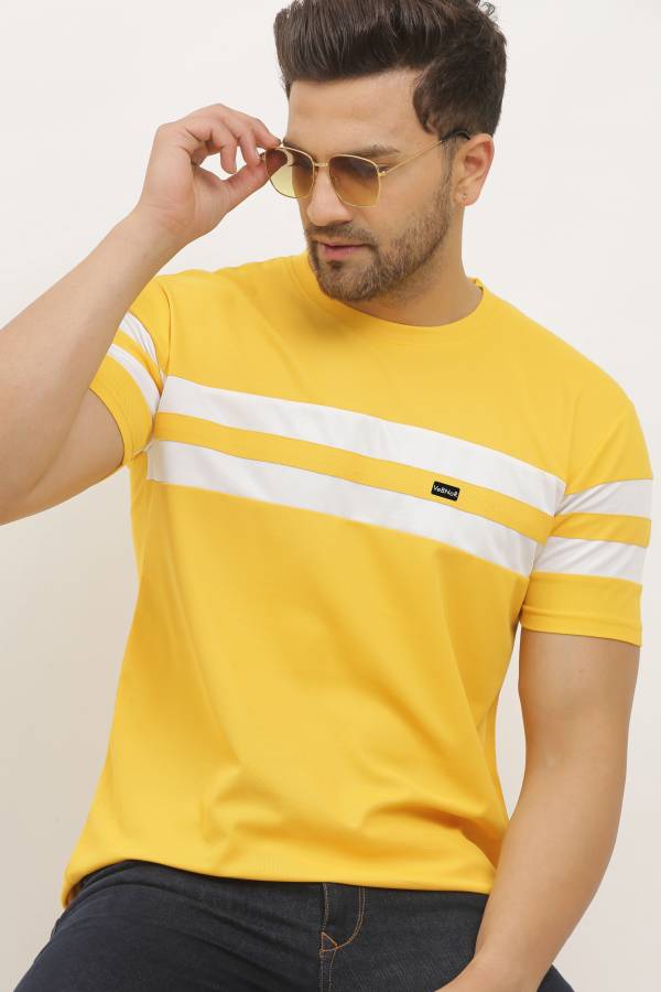 Solid Men Round Neck Yellow T-Shirt Price in India