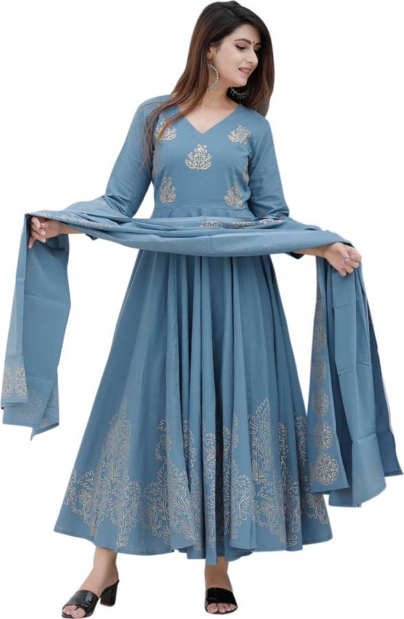 Women Printed Rayon Anarkali Kurta With Attached Dupatta Price in India