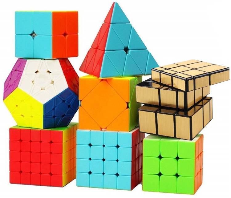 Authfort Speed 2X2 3x3 4x4 5x5 and Mirror Gold Pyraminx Pyramid Triangle, Megaminx, Squire cube set Puzzle Cubes Combo (B - Pack of 8 Cube)