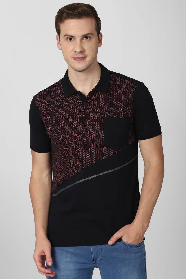 Textured Men Polo Neck Black T-Shirt Price in India