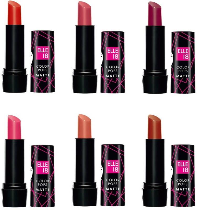 ELLE 18 Color, Pop Matte Lip Color, Rockstar Red+Pink Kiss+Winter Berry+Coral Diva+Brown Ginger+Rust Sienna, 4.3 g Price in India
