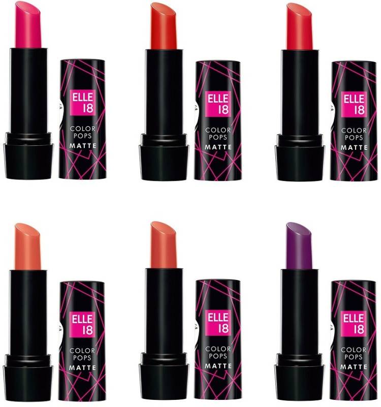 ELLE 18 Color, Pop Matte Lip Color, Rose Day+Rockstar Red+Selfie Red+Peach Impact+Tan Nude+Soaked Grape, 4.3 g Price in India