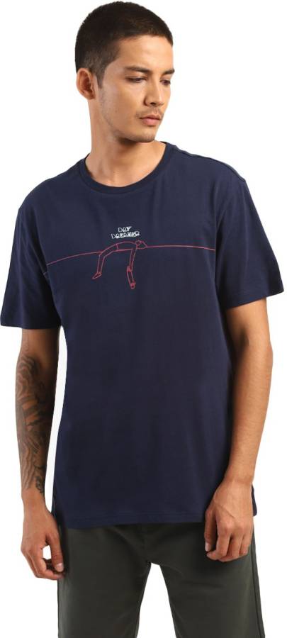 Graphic Print Men Round Neck Blue T-Shirt Price in India