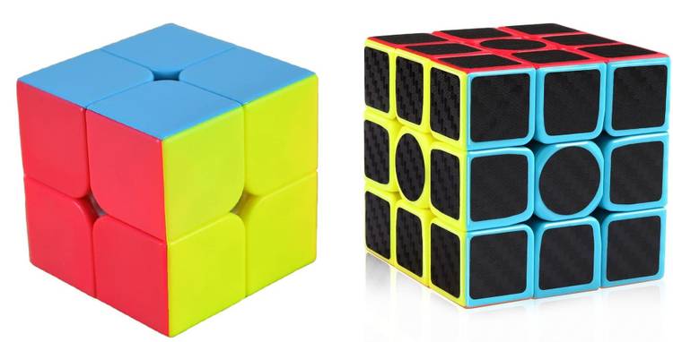 Authfort 3 x 3 Black Carbon Fiber Stickers and 2 x 2 High Speed Stickerless Cube combo pack of 2