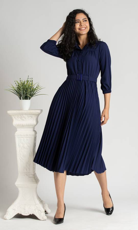 Women Pleated Blue Dress Price in India