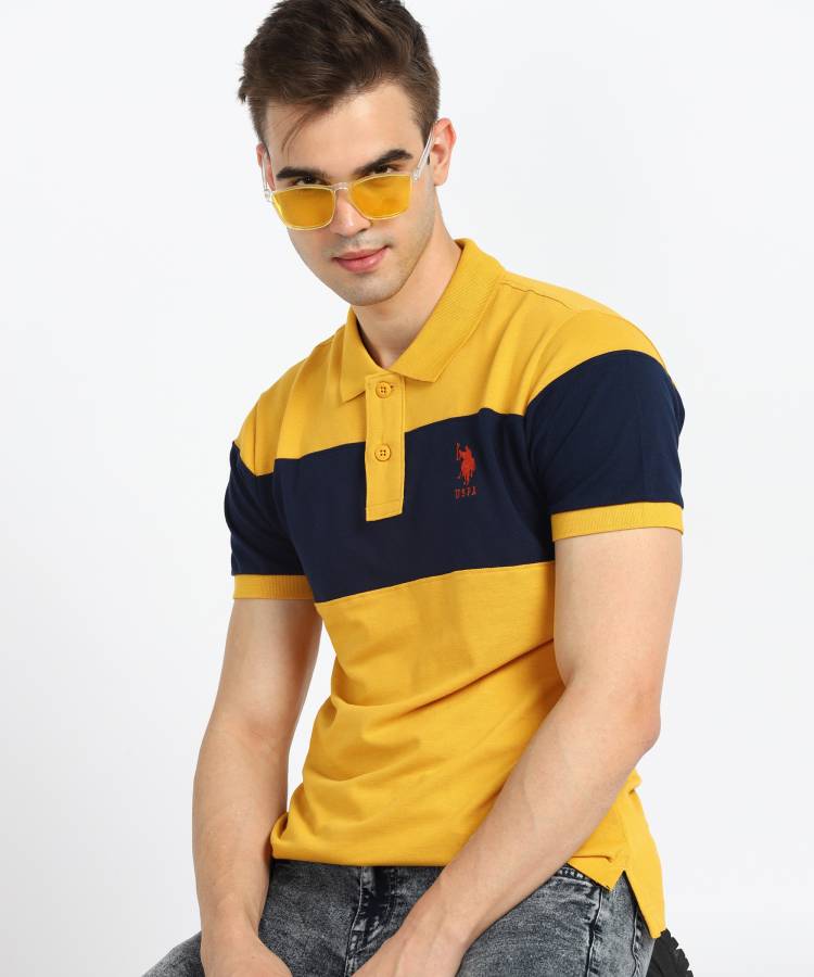 Color Block Men Polo Neck Dark Blue, Yellow T-Shirt Price in India