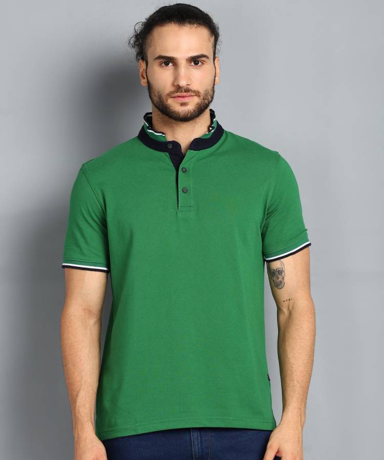 Solid Men Mandarin Collar Dark Green T-Shirt Price in India