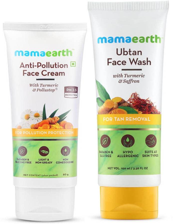 MamaEarth Natural Radiance Combo (Anti-Pollution Daily Face Cream 80ml + Ubtan Face Wash 100ml) Price in India