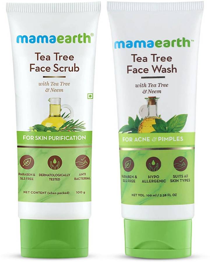 MamaEarth Tea Tree Skin Clarifying Combo (Tea Tree Face Wash 100ml + Tea Tea Face Scrub 100g) Price in India