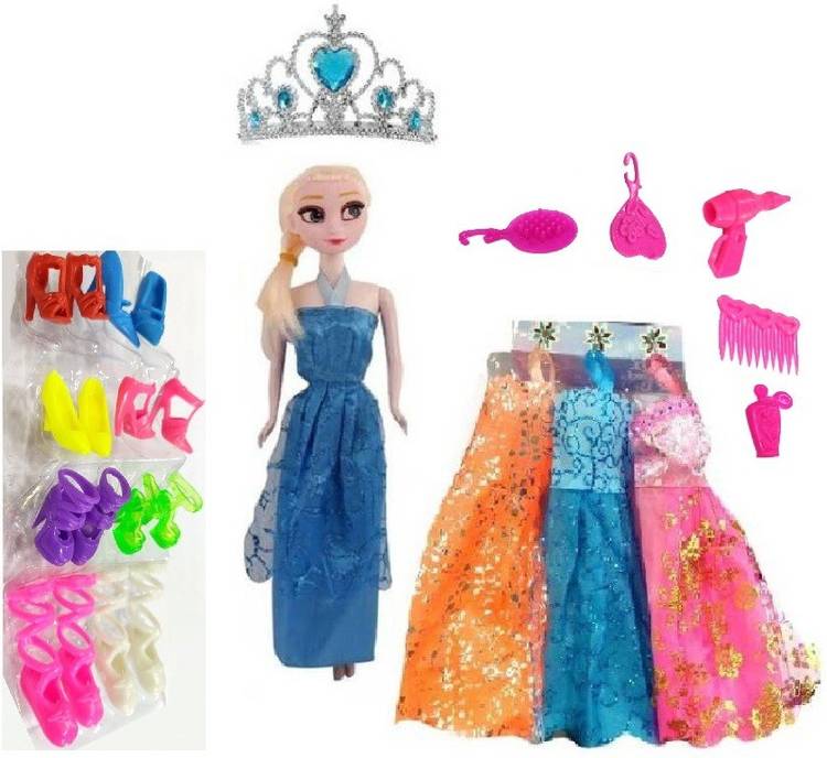 HALO NATION Beautiful Frozen Doll Set with Accessories, Queens Crown , Wardrobe Dresses , Beauty Accessory & Shoes Set Combo Doll Set for girls